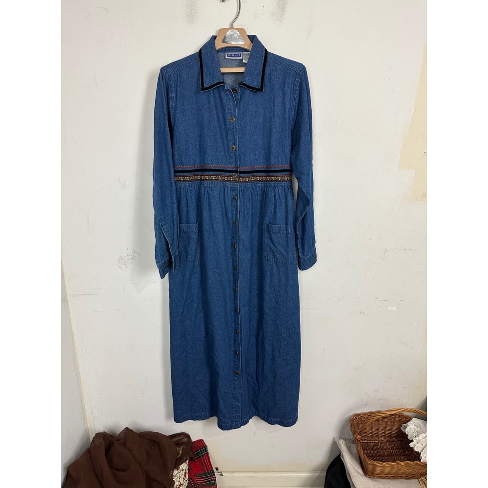 Erika & Co Vintage Denim Maxi Dress XL Blue Cotton Embroidered Velvet Trim Tie